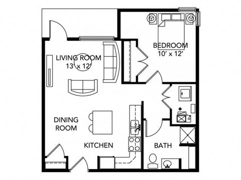 Floor plan for 1 bed, 1 bath, 640 sqft